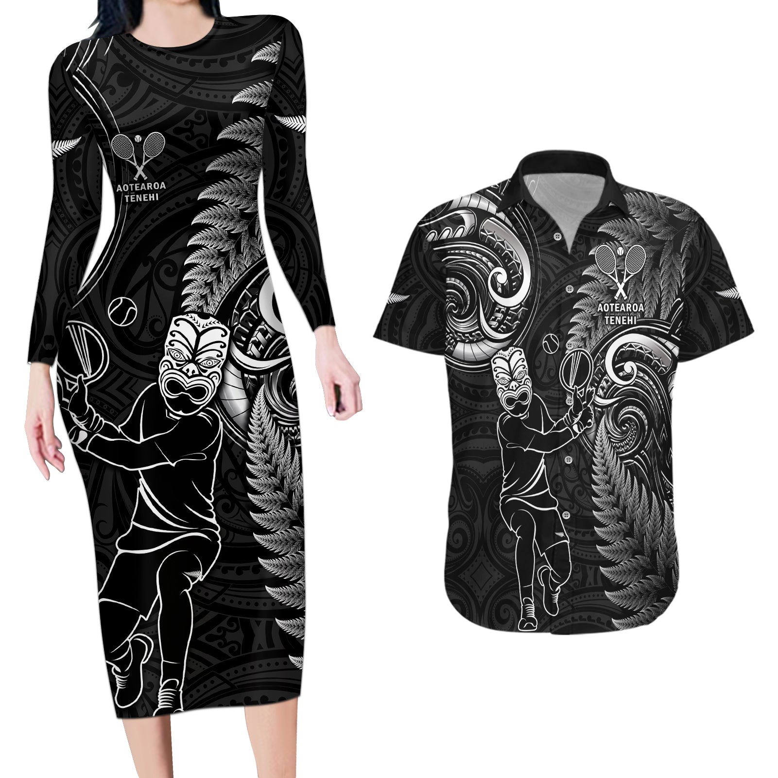 New Zealand Tiki Tennis Couples Matching Long Sleeve Bodycon Dress and Hawaiian Shirt 2024 Aotearoa Tenehi Maori Silver Fern - Black LT14 Black - Polynesian Pride