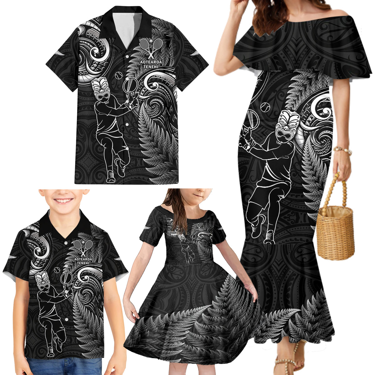 New Zealand Tiki Tennis Family Matching Mermaid Dress and Hawaiian Shirt 2024 Aotearoa Tenehi Maori Silver Fern - Black LT14 - Polynesian Pride