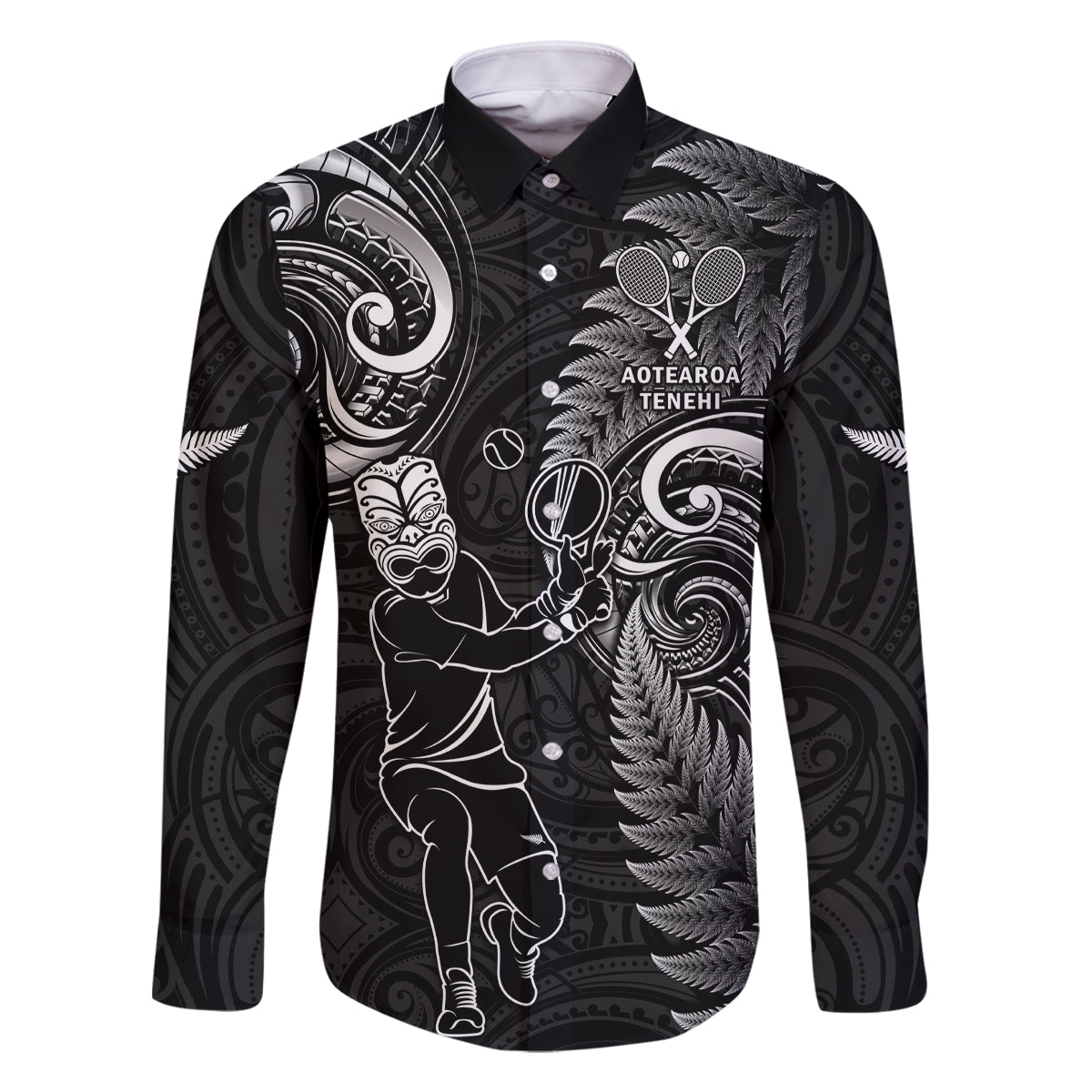 New Zealand Tiki Tennis Family Matching Off Shoulder Long Sleeve Dress and Hawaiian Shirt 2024 Aotearoa Tenehi Maori Silver Fern - Black LT14 Dad's Shirt - Long Sleeve Black - Polynesian Pride