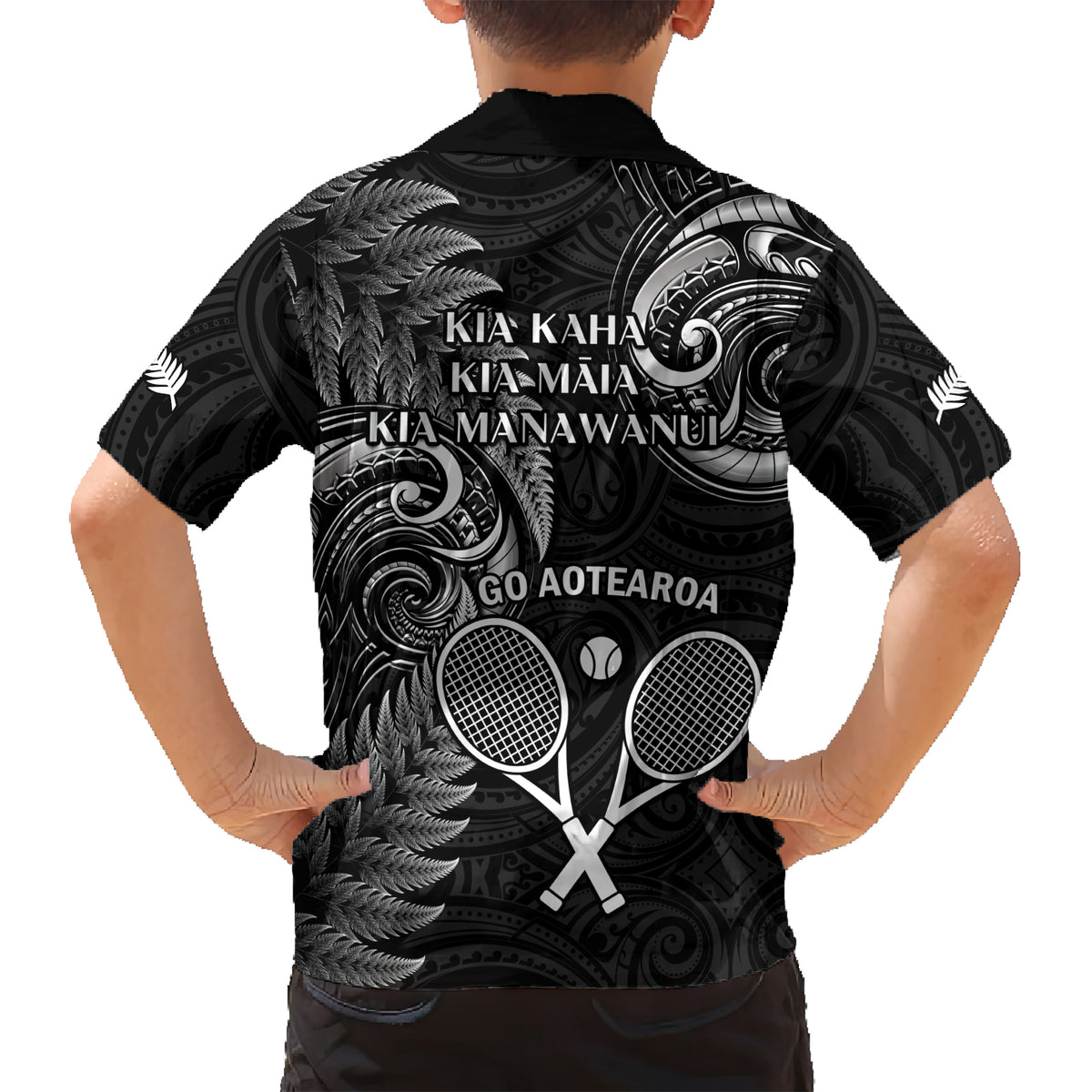 New Zealand Tiki Tennis Family Matching Short Sleeve Bodycon Dress and Hawaiian Shirt 2024 Aotearoa Tenehi Maori Silver Fern - Black LT14 - Polynesian Pride
