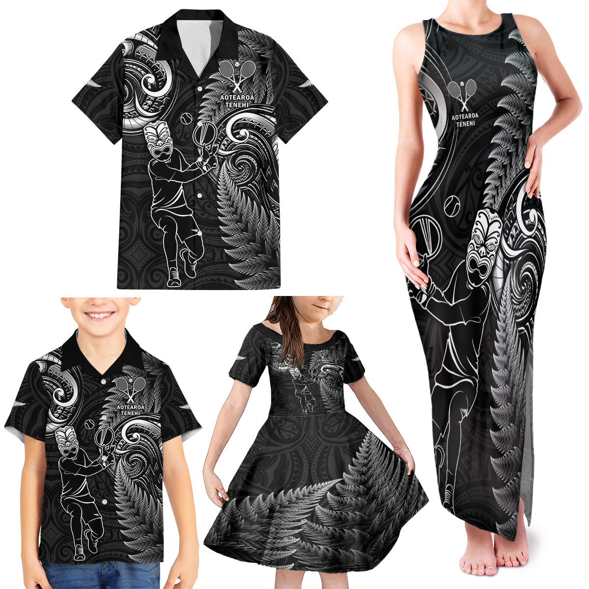 New Zealand Tiki Tennis Family Matching Tank Maxi Dress and Hawaiian Shirt 2024 Aotearoa Tenehi Maori Silver Fern - Black LT14 - Polynesian Pride