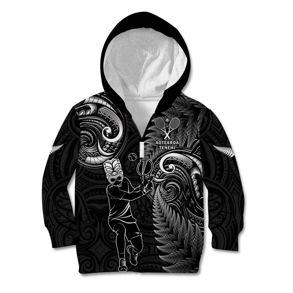 New Zealand Tiki Tennis Kid Hoodie 2024 Aotearoa Tenehi Maori Silver Fern - Black LT14 Zip Hoodie Black - Polynesian Pride