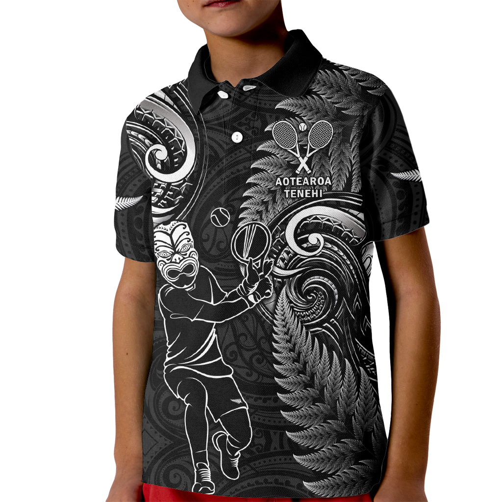 New Zealand Tiki Tennis Kid Polo Shirt 2024 Aotearoa Tenehi Maori Silver Fern - Black LT14 Kid Black - Polynesian Pride