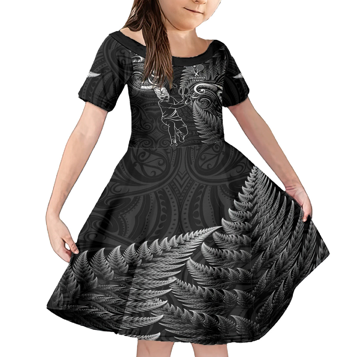 New Zealand Tiki Tennis Kid Short Sleeve Dress 2024 Aotearoa Tenehi Maori Silver Fern - Black LT14 KID Black - Polynesian Pride