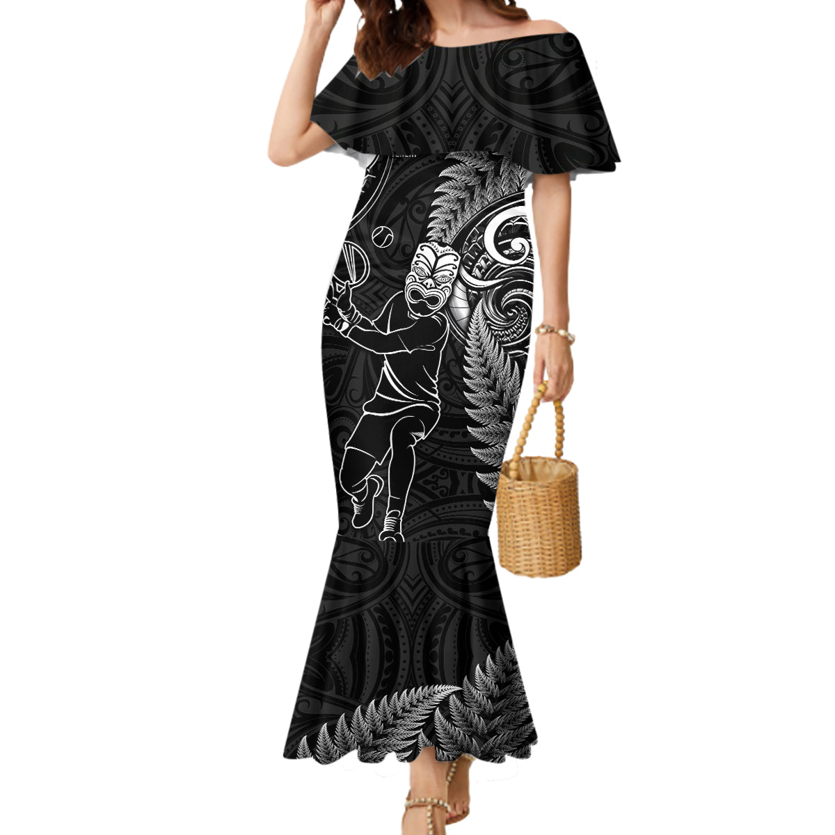 New Zealand Tiki Tennis Mermaid Dress 2024 Aotearoa Tenehi Maori Silver Fern - Black LT14 Women Black - Polynesian Pride