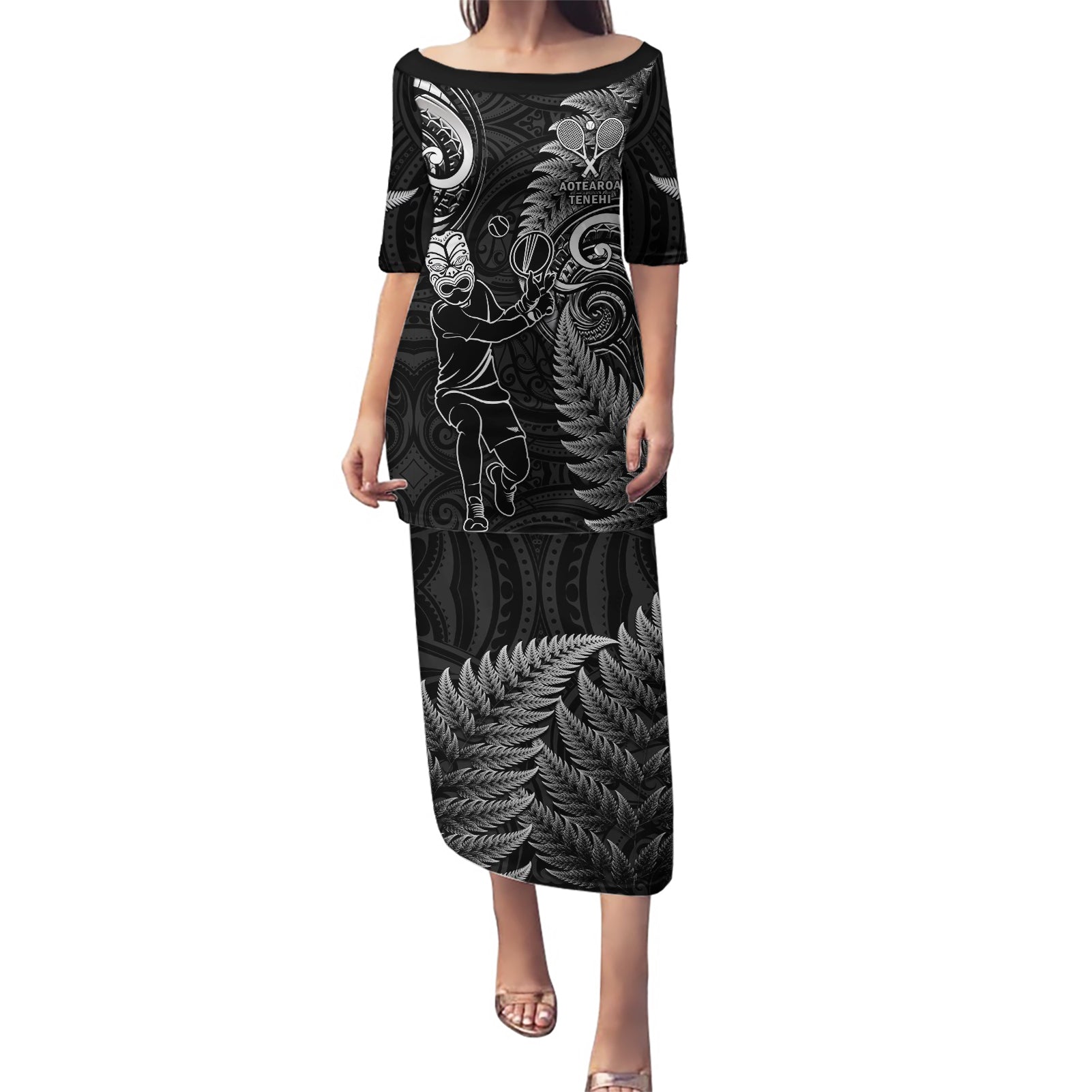 New Zealand Tiki Tennis Puletasi 2024 Aotearoa Tenehi Maori Silver Fern - Black LT14 Long Dress Black - Polynesian Pride