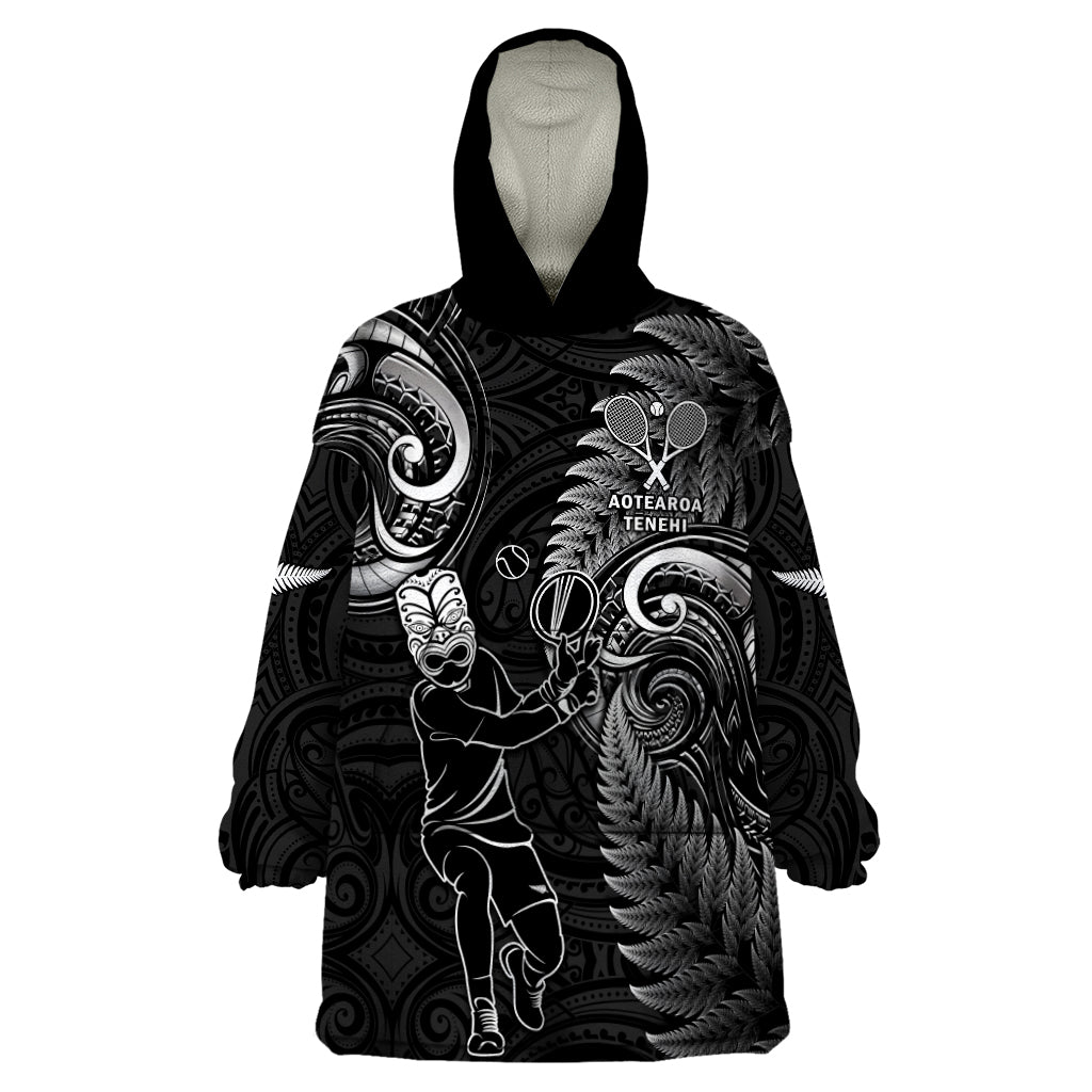 New Zealand Tiki Tennis Wearable Blanket Hoodie 2024 Aotearoa Tenehi Maori Silver Fern - Black LT14 One Size Black - Polynesian Pride