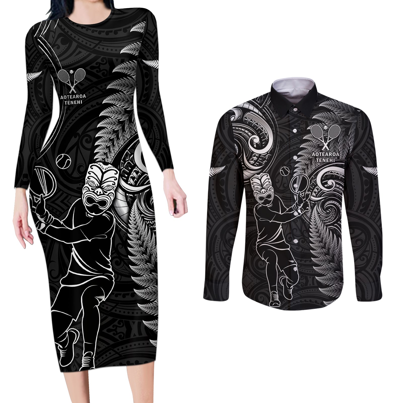 Custom New Zealand Tiki Tennis Couples Matching Long Sleeve Bodycon Dress and Long Sleeve Button Shirt 2024 Aotearoa Tenehi Maori Silver Fern - Black LT14 Black - Polynesian Pride