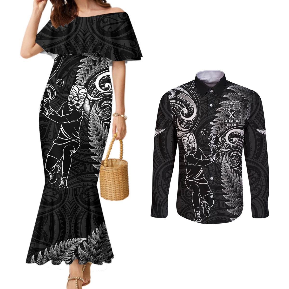 Custom New Zealand Tiki Tennis Couples Matching Mermaid Dress and Long Sleeve Button Shirt 2024 Aotearoa Tenehi Maori Silver Fern - Black LT14 Black - Polynesian Pride