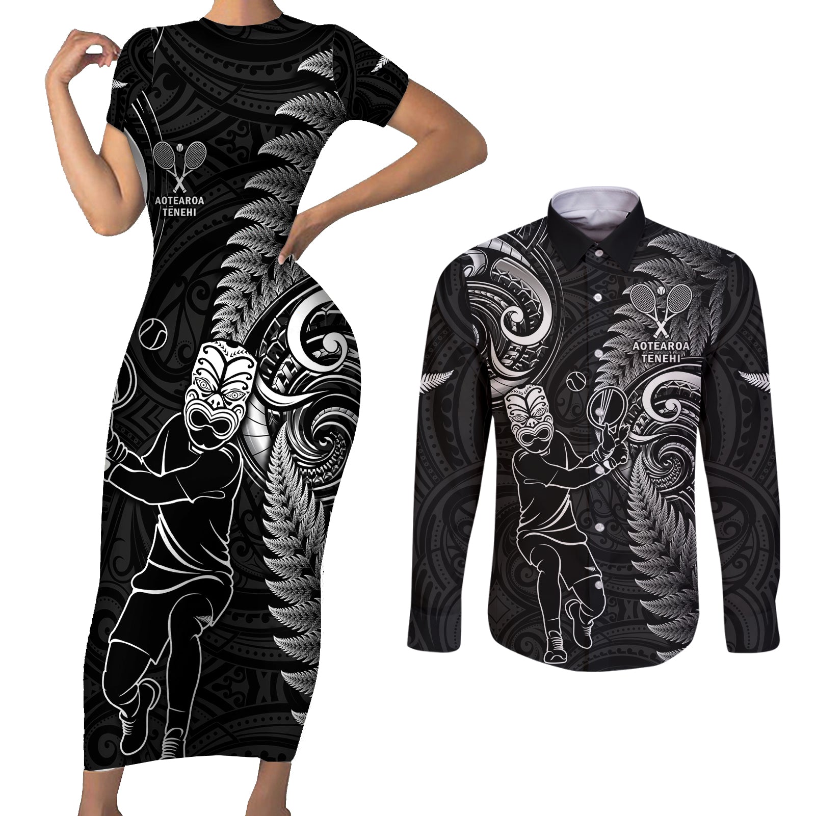 Custom New Zealand Tiki Tennis Couples Matching Short Sleeve Bodycon Dress and Long Sleeve Button Shirt 2024 Aotearoa Tenehi Maori Silver Fern - Black LT14 Black - Polynesian Pride