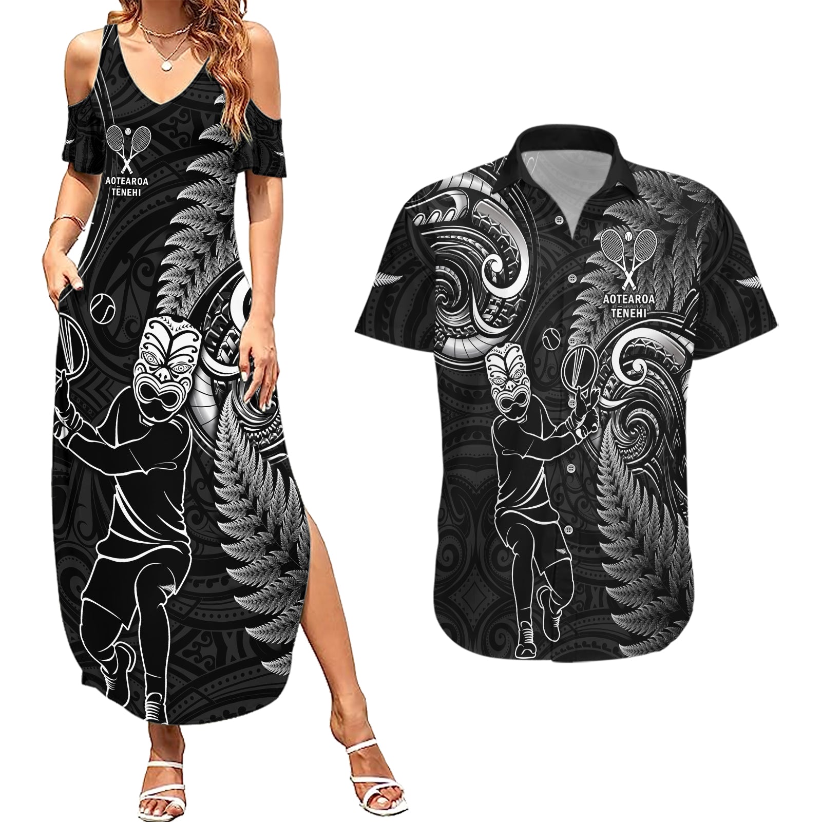 Custom New Zealand Tiki Tennis Couples Matching Summer Maxi Dress and Hawaiian Shirt 2024 Aotearoa Tenehi Maori Silver Fern - Black LT14 Black - Polynesian Pride