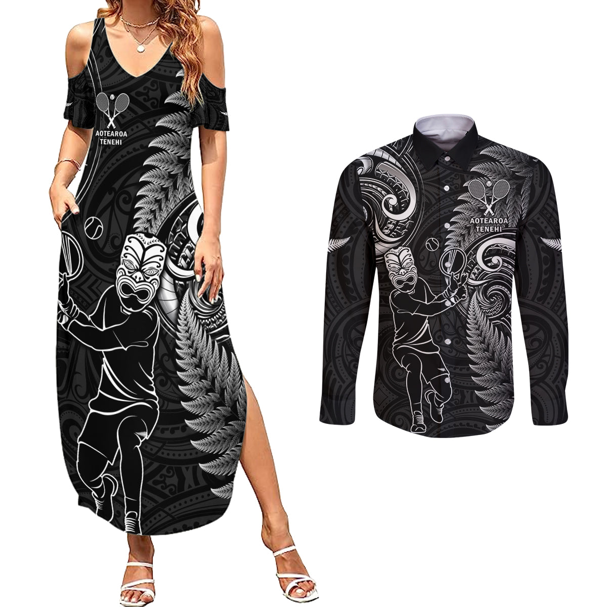 Custom New Zealand Tiki Tennis Couples Matching Summer Maxi Dress and Long Sleeve Button Shirt 2024 Aotearoa Tenehi Maori Silver Fern - Black LT14 Black - Polynesian Pride