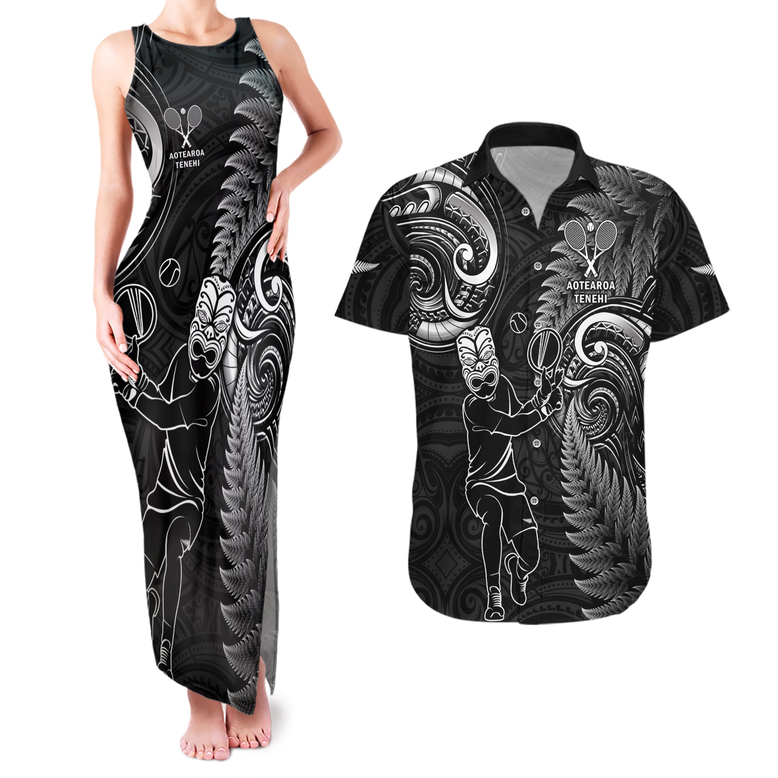 Custom New Zealand Tiki Tennis Couples Matching Tank Maxi Dress and Hawaiian Shirt 2024 Aotearoa Tenehi Maori Silver Fern - Black LT14 Black - Polynesian Pride