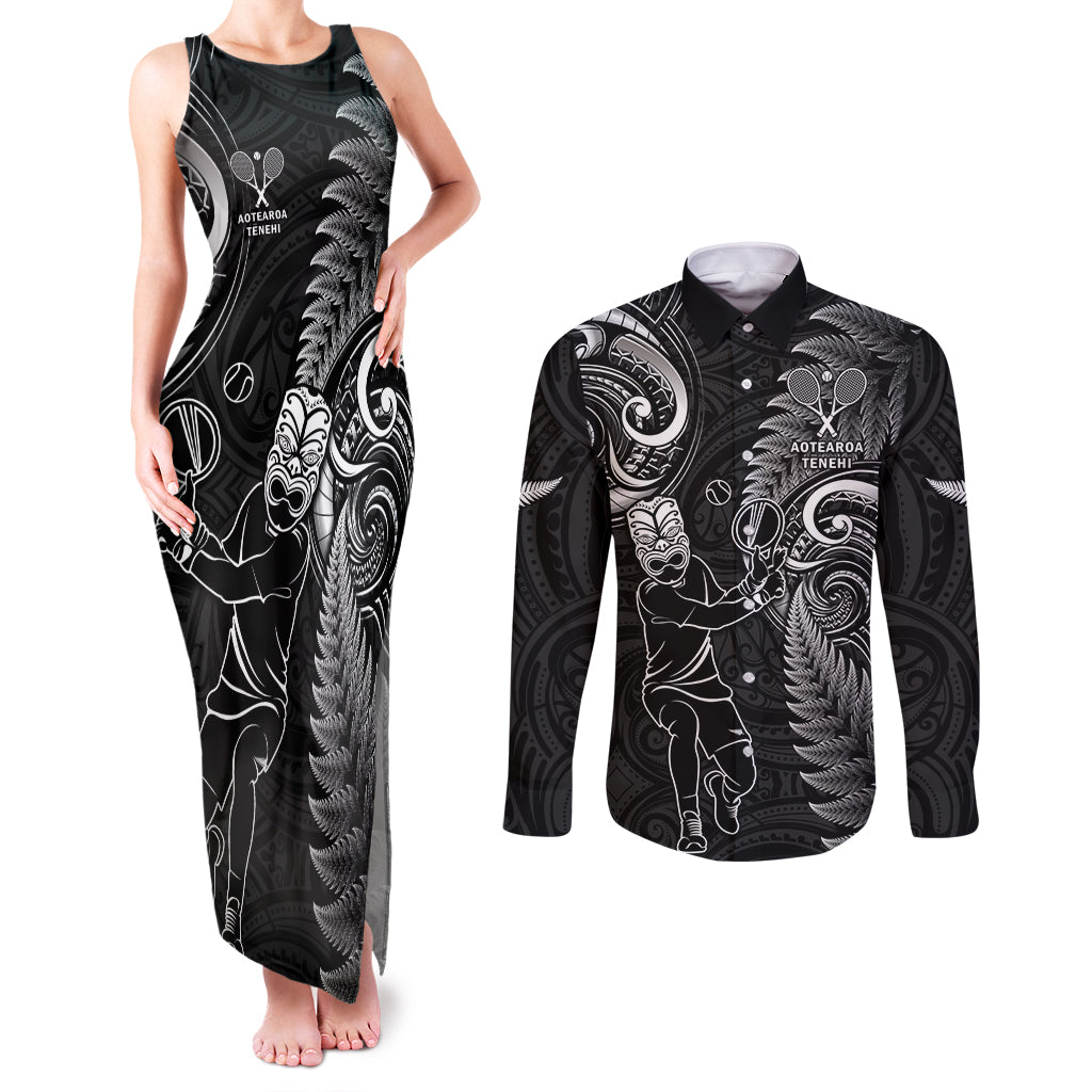 Custom New Zealand Tiki Tennis Couples Matching Tank Maxi Dress and Long Sleeve Button Shirt 2024 Aotearoa Tenehi Maori Silver Fern - Black LT14 Black - Polynesian Pride