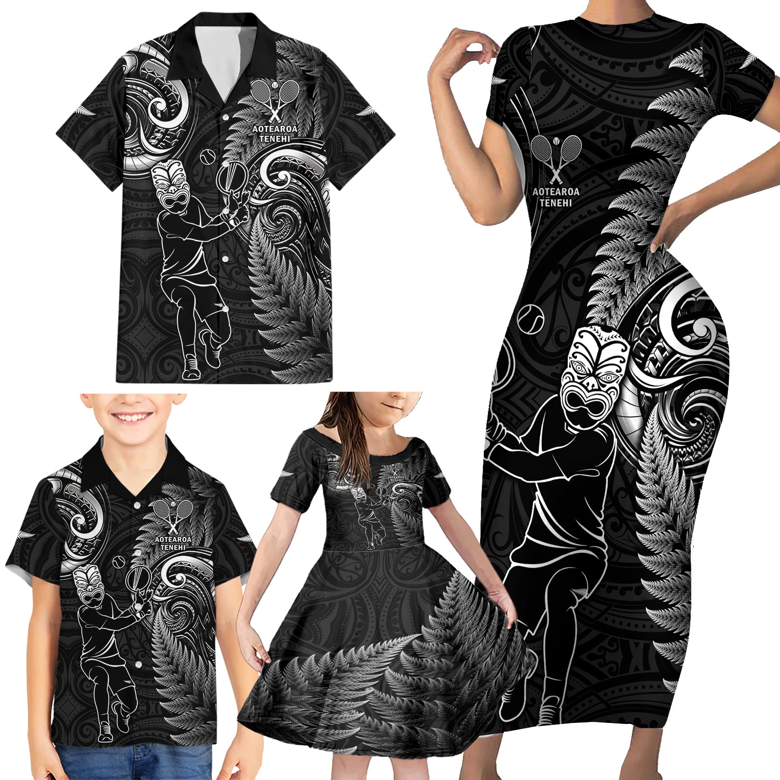 Custom New Zealand Tiki Tennis Family Matching Short Sleeve Bodycon Dress and Hawaiian Shirt 2024 Aotearoa Tenehi Maori Silver Fern - Black LT14 - Polynesian Pride