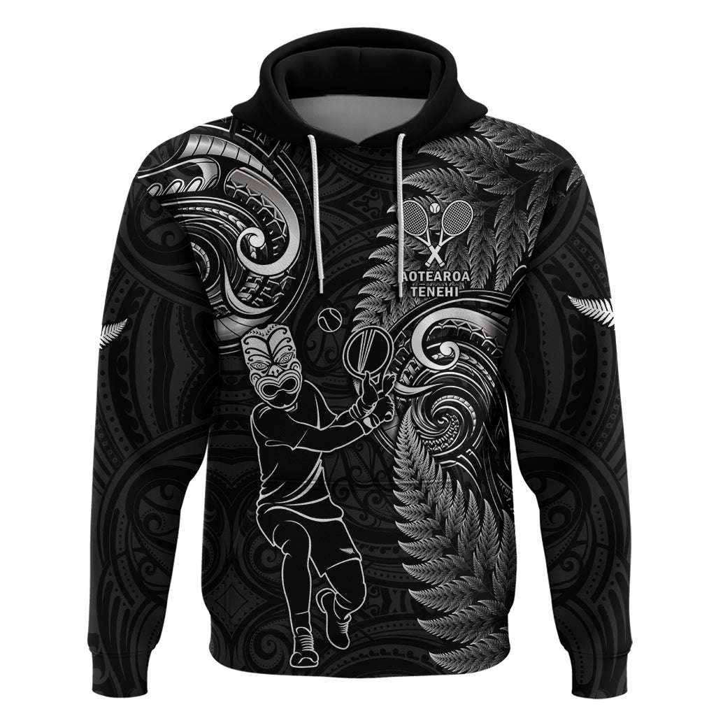 Custom New Zealand Tiki Tennis Hoodie 2024 Aotearoa Tenehi Maori Silver Fern - Black LT14 Pullover Hoodie Black - Polynesian Pride