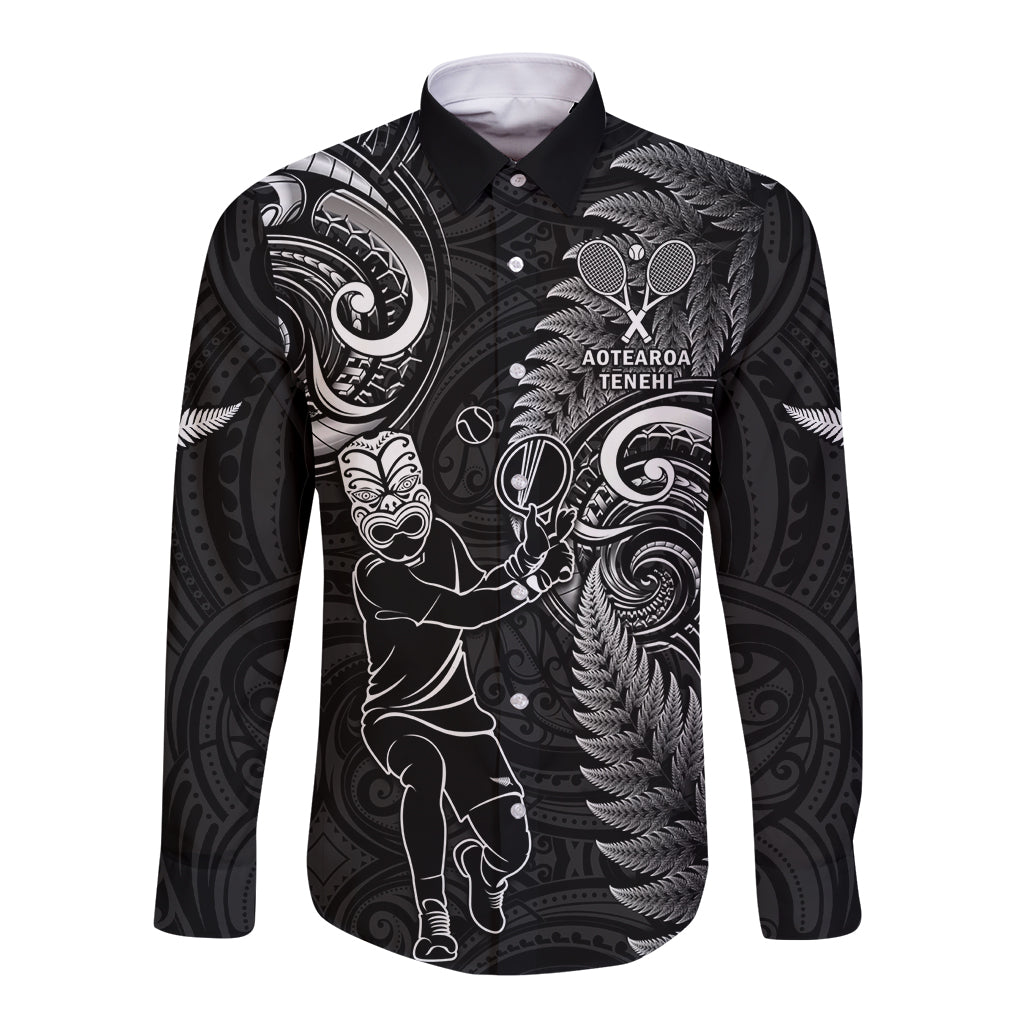 Custom New Zealand Tiki Tennis Long Sleeve Button Shirt 2024 Aotearoa Tenehi Maori Silver Fern - Black LT14 Unisex Black - Polynesian Pride