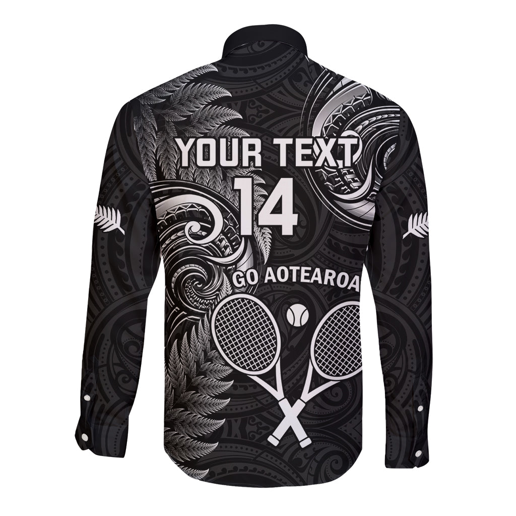 Custom New Zealand Tiki Tennis Long Sleeve Button Shirt 2024 Aotearoa Tenehi Maori Silver Fern - Black LT14 - Polynesian Pride