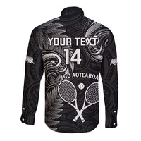 Custom New Zealand Tiki Tennis Long Sleeve Button Shirt 2024 Aotearoa Tenehi Maori Silver Fern - Black LT14 - Polynesian Pride