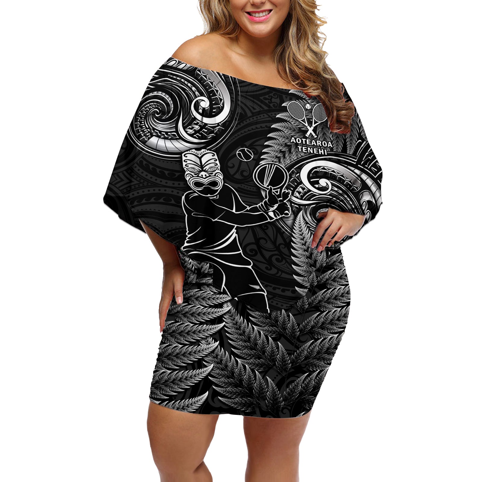 Custom New Zealand Tiki Tennis Off Shoulder Short Dress 2024 Aotearoa Tenehi Maori Silver Fern - Black LT14 Women Black - Polynesian Pride