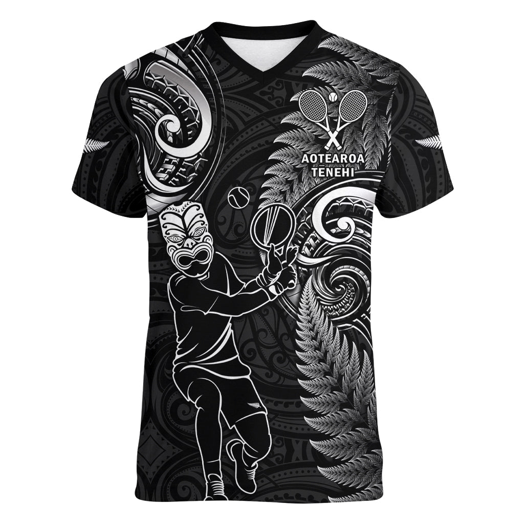 Custom New Zealand Tiki Tennis Women V Neck T Shirt 2024 Aotearoa Tenehi Maori Silver Fern - Black LT14 Female Black - Polynesian Pride