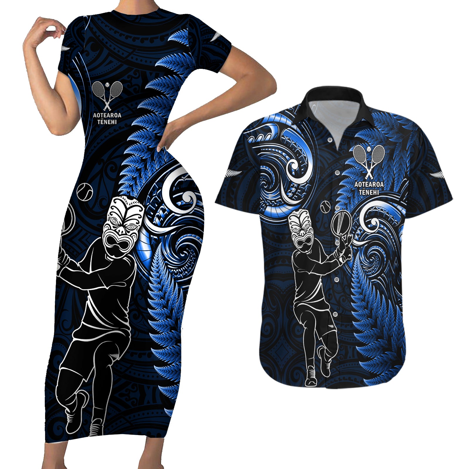 New Zealand Tiki Tennis Couples Matching Short Sleeve Bodycon Dress and Hawaiian Shirt 2024 Aotearoa Tenehi Maori Silver Fern - Blue LT14 Blue - Polynesian Pride