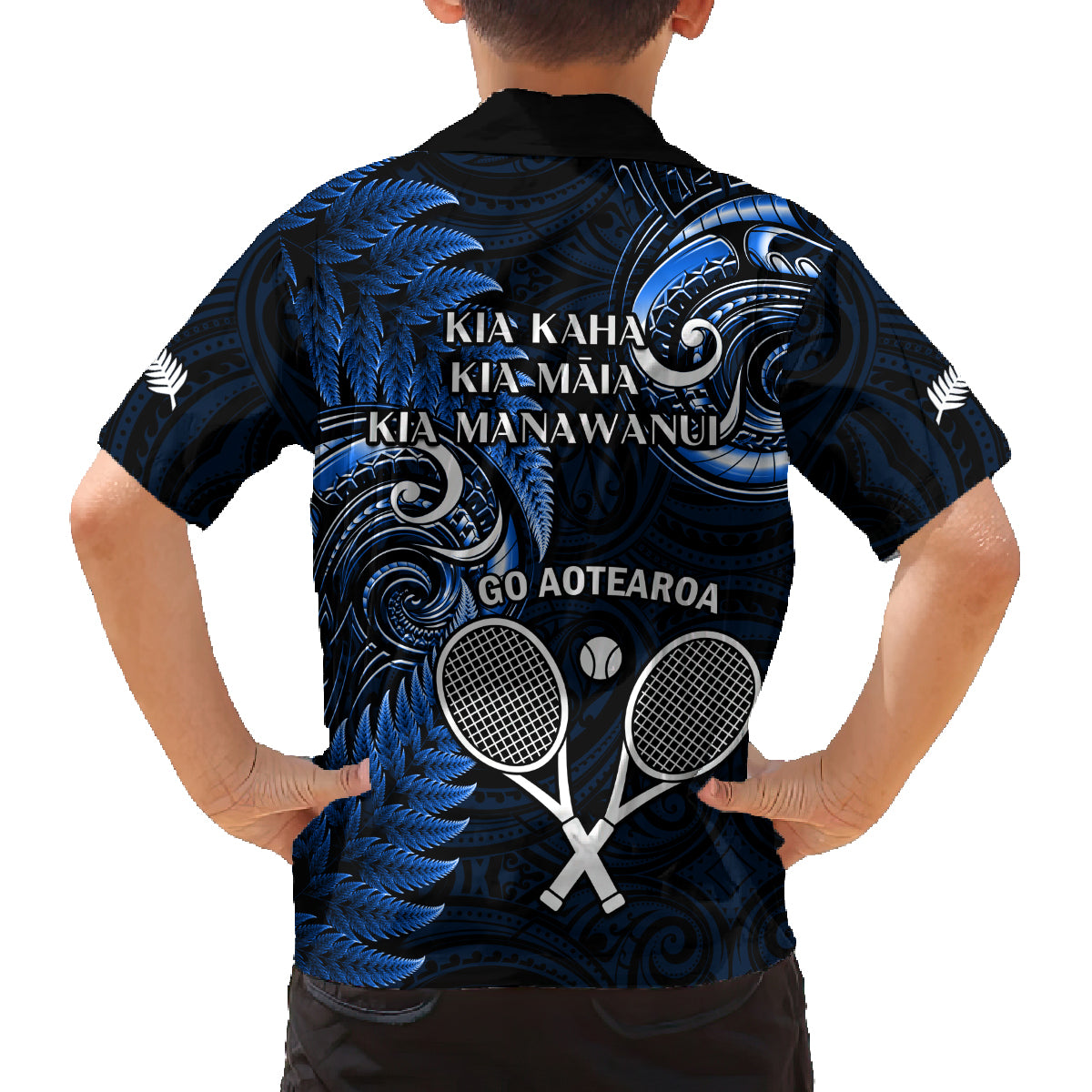 New Zealand Tiki Tennis Family Matching Off Shoulder Maxi Dress and Hawaiian Shirt 2024 Aotearoa Tenehi Maori Silver Fern - Blue LT14 - Polynesian Pride