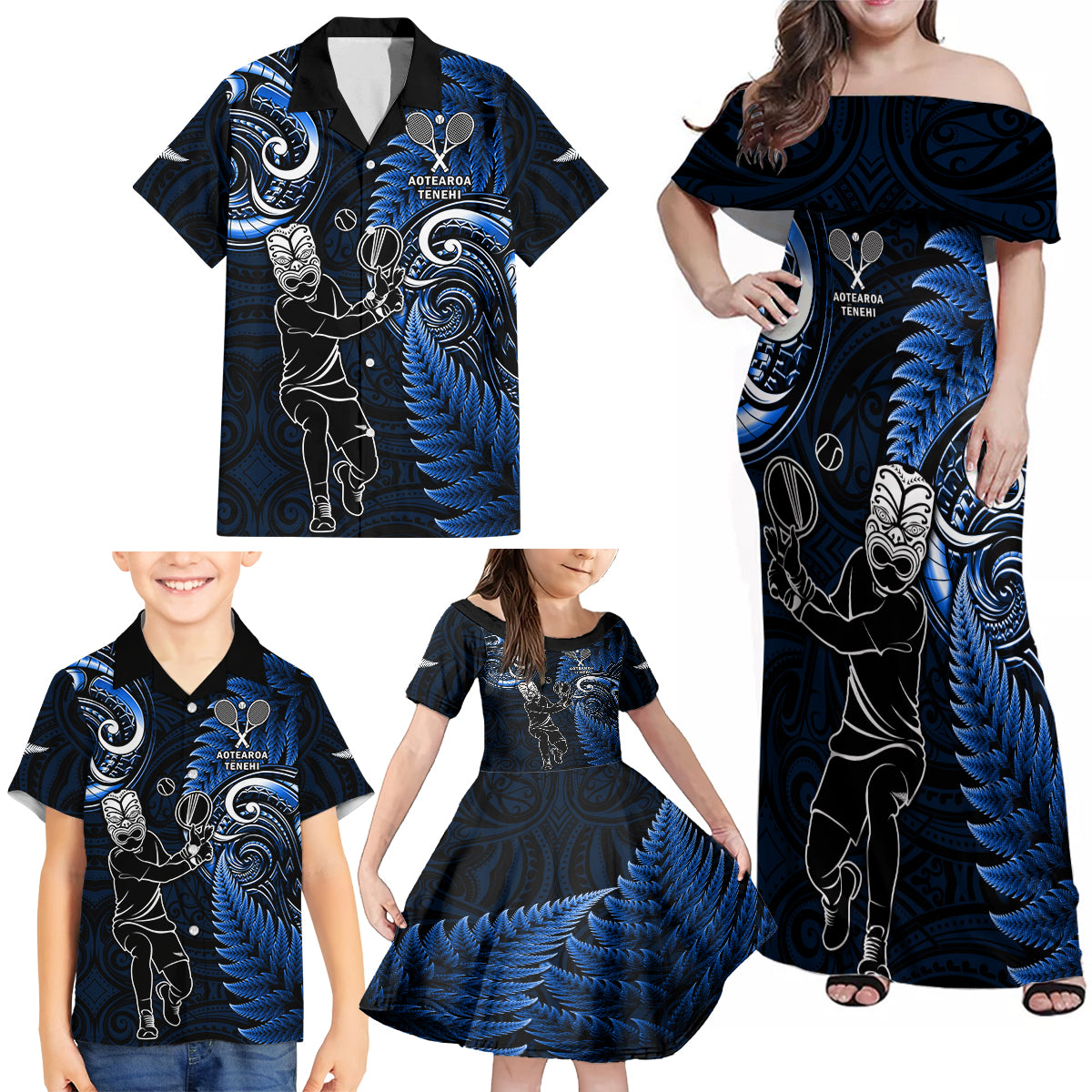 New Zealand Tiki Tennis Family Matching Off Shoulder Maxi Dress and Hawaiian Shirt 2024 Aotearoa Tenehi Maori Silver Fern - Blue LT14 - Polynesian Pride