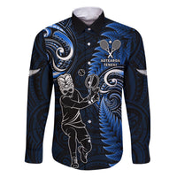 New Zealand Tiki Tennis Family Matching Puletasi and Hawaiian Shirt 2024 Aotearoa Tenehi Maori Silver Fern - Blue LT14 Dad's Shirt - Long Sleeve Blue - Polynesian Pride