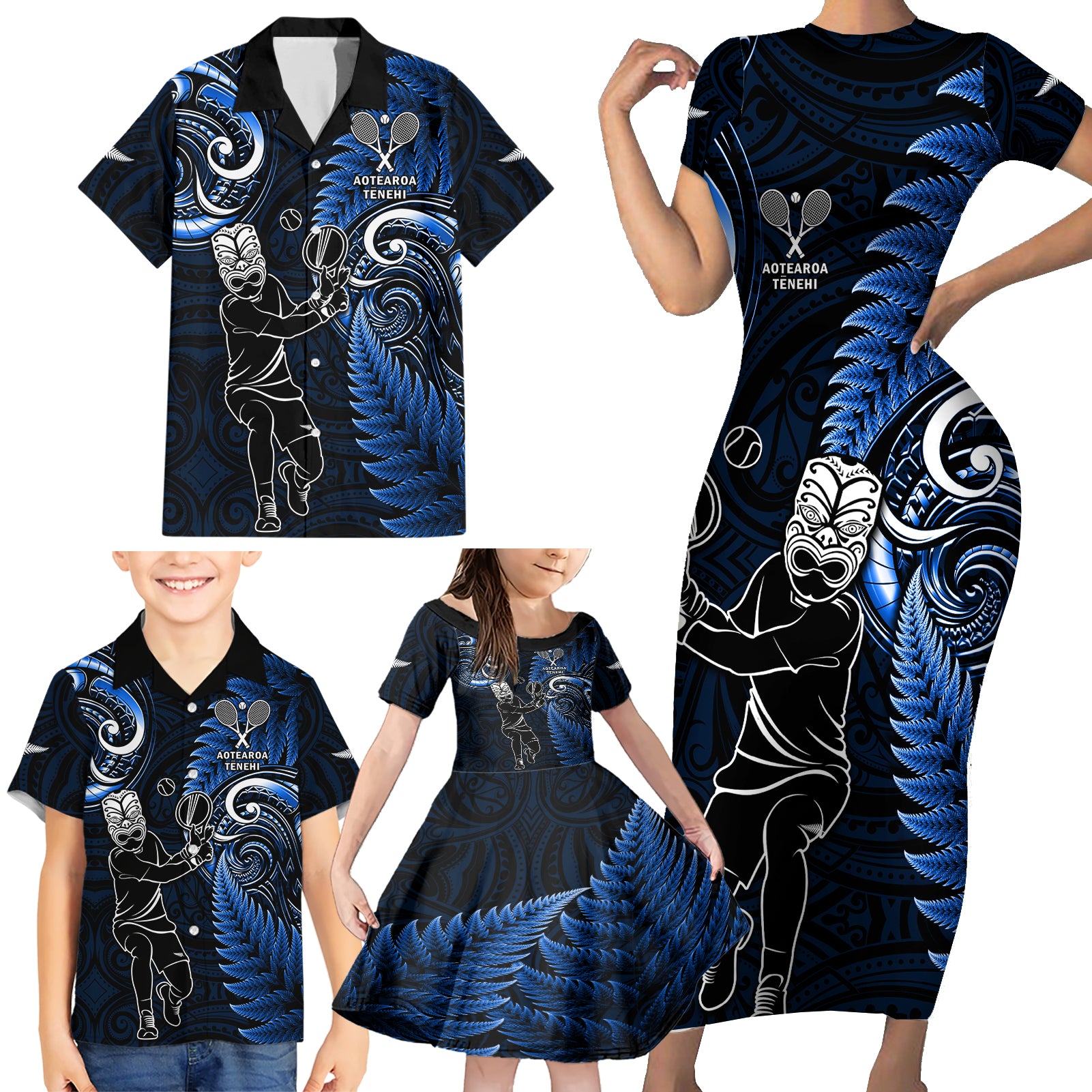 New Zealand Tiki Tennis Family Matching Short Sleeve Bodycon Dress and Hawaiian Shirt 2024 Aotearoa Tenehi Maori Silver Fern - Blue LT14 - Polynesian Pride