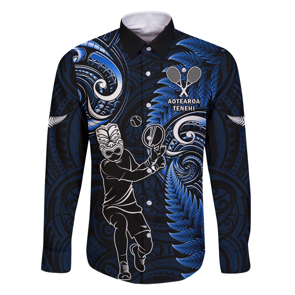 New Zealand Tiki Tennis Family Matching Summer Maxi Dress and Hawaiian Shirt 2024 Aotearoa Tenehi Maori Silver Fern - Blue LT14 Dad's Shirt - Long Sleeve Blue - Polynesian Pride