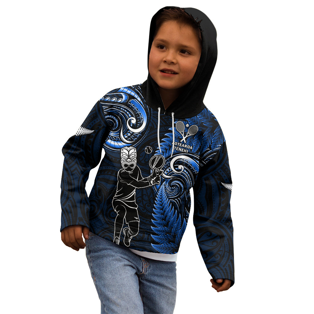 New Zealand Tiki Tennis Kid Hoodie 2024 Aotearoa Tenehi Maori Silver Fern - Blue LT14 - Polynesian Pride