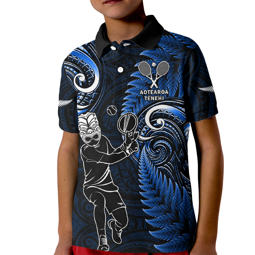 New Zealand Tiki Tennis Kid Polo Shirt 2024 Aotearoa Tenehi Maori Silver Fern - Blue LT14 Kid Blue - Polynesian Pride