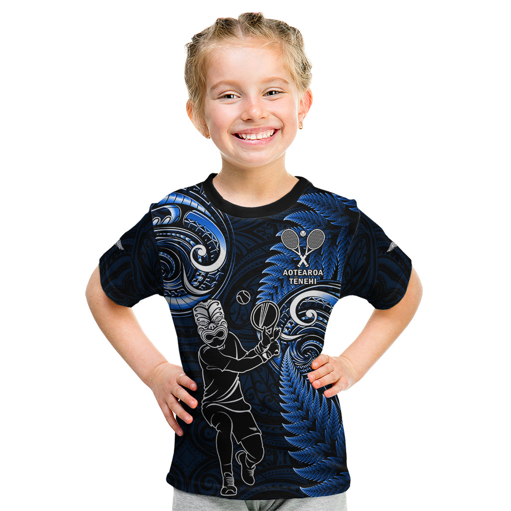 New Zealand Tiki Tennis Kid T Shirt 2024 Aotearoa Tenehi Maori Silver Fern - Blue LT14 Blue - Polynesian Pride