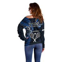 New Zealand Tiki Tennis Off Shoulder Sweater 2024 Aotearoa Tenehi Maori Silver Fern - Blue LT14 - Polynesian Pride