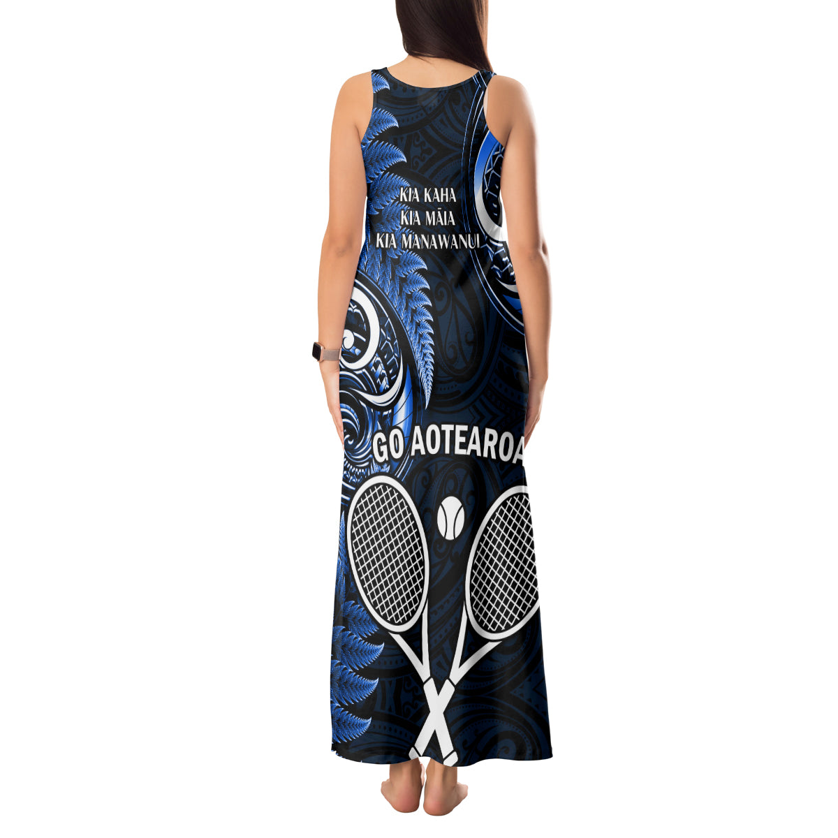 New Zealand Tiki Tennis Tank Maxi Dress 2024 Aotearoa Tenehi Maori Silver Fern - Blue LT14 - Polynesian Pride