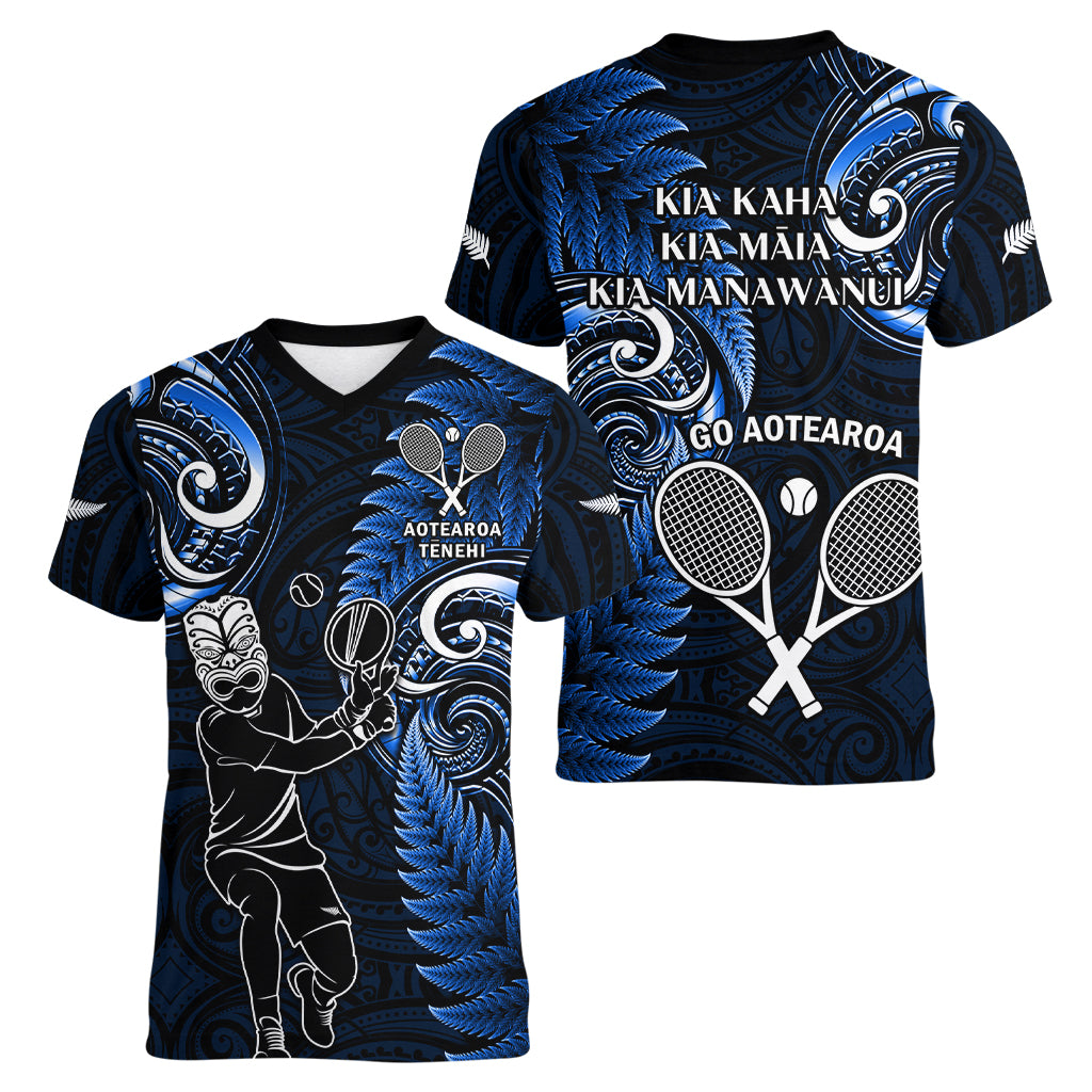 New Zealand Tiki Tennis Women V Neck T Shirt 2024 Aotearoa Tenehi Maori Silver Fern - Blue LT14 - Polynesian Pride