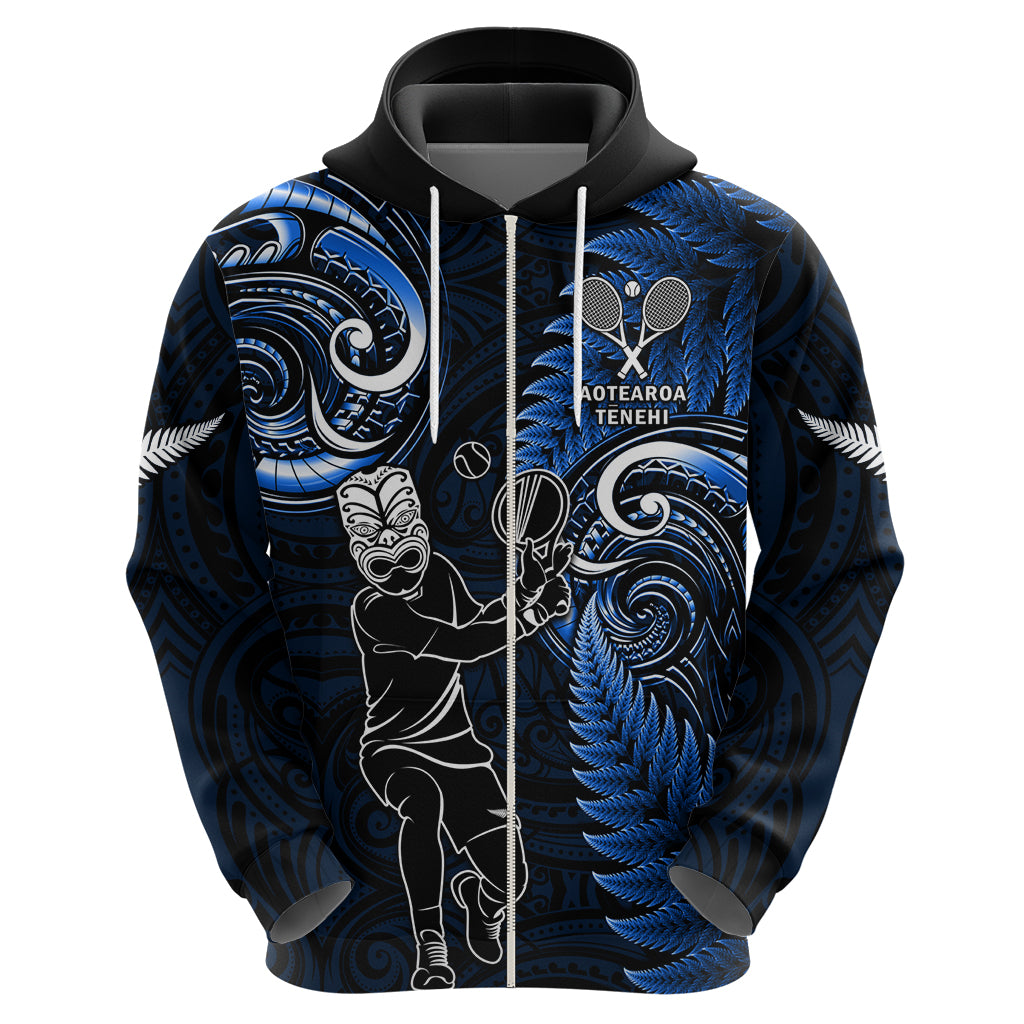 New Zealand Tiki Tennis Zip Hoodie 2024 Aotearoa Tenehi Maori Silver Fern - Blue LT14 - Polynesian Pride