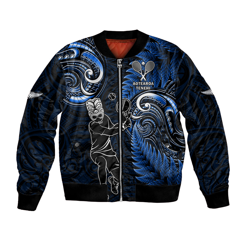 Custom New Zealand Tiki Tennis Bomber Jacket 2024 Aotearoa Tenehi Maori Silver Fern - Blue LT14 Unisex Blue - Polynesian Pride