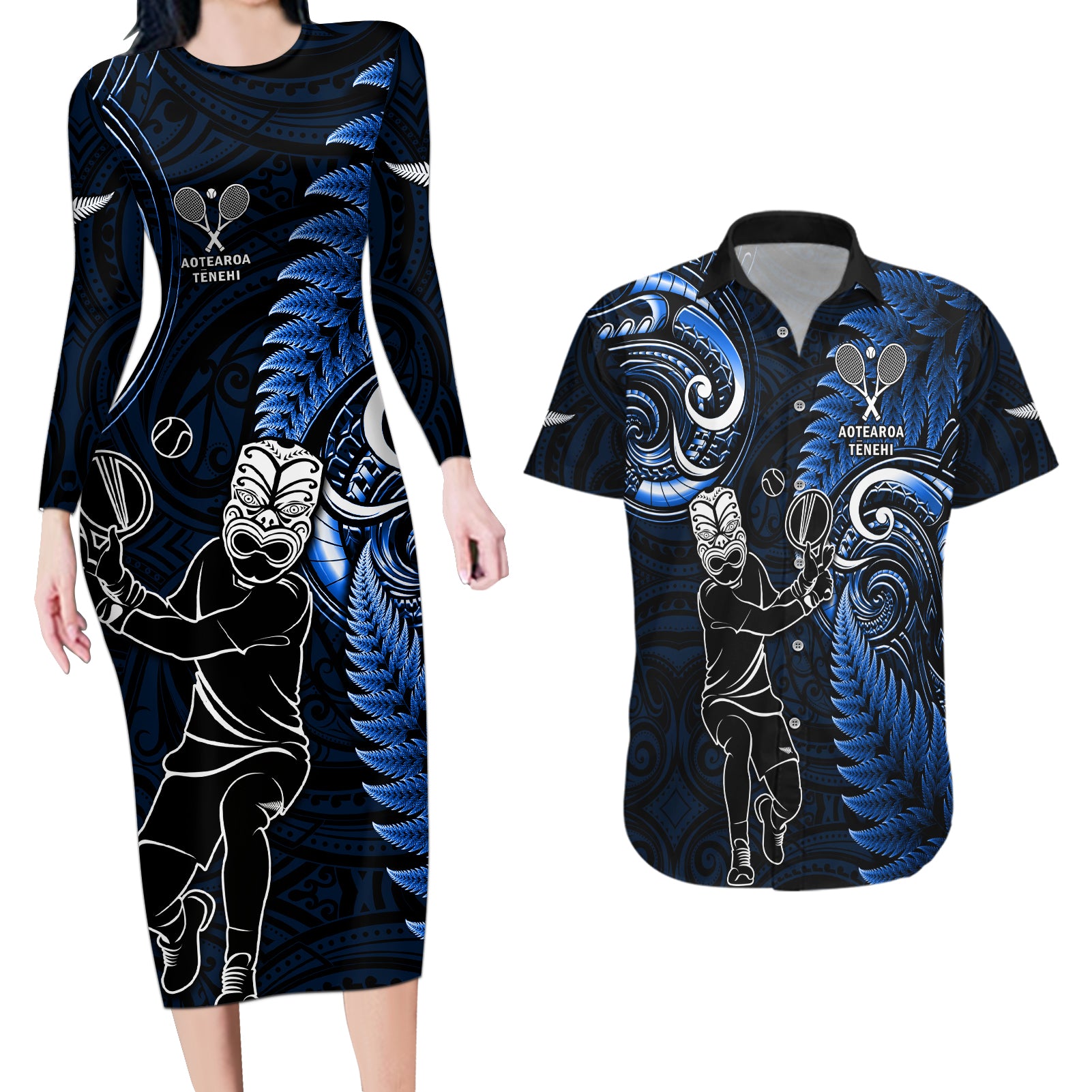 Custom New Zealand Tiki Tennis Couples Matching Long Sleeve Bodycon Dress and Hawaiian Shirt 2024 Aotearoa Tenehi Maori Silver Fern - Blue LT14 Blue - Polynesian Pride