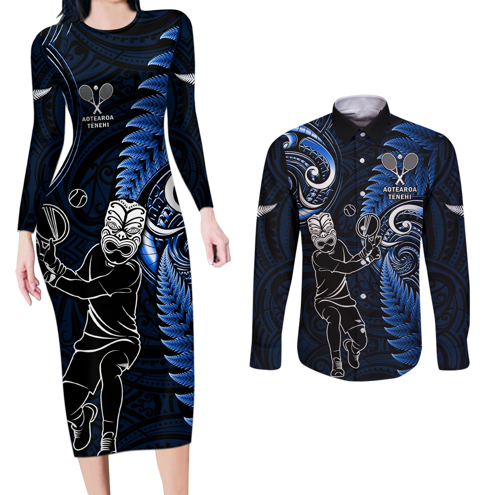 Custom New Zealand Tiki Tennis Couples Matching Long Sleeve Bodycon Dress and Long Sleeve Button Shirt 2024 Aotearoa Tenehi Maori Silver Fern - Blue LT14 Blue - Polynesian Pride