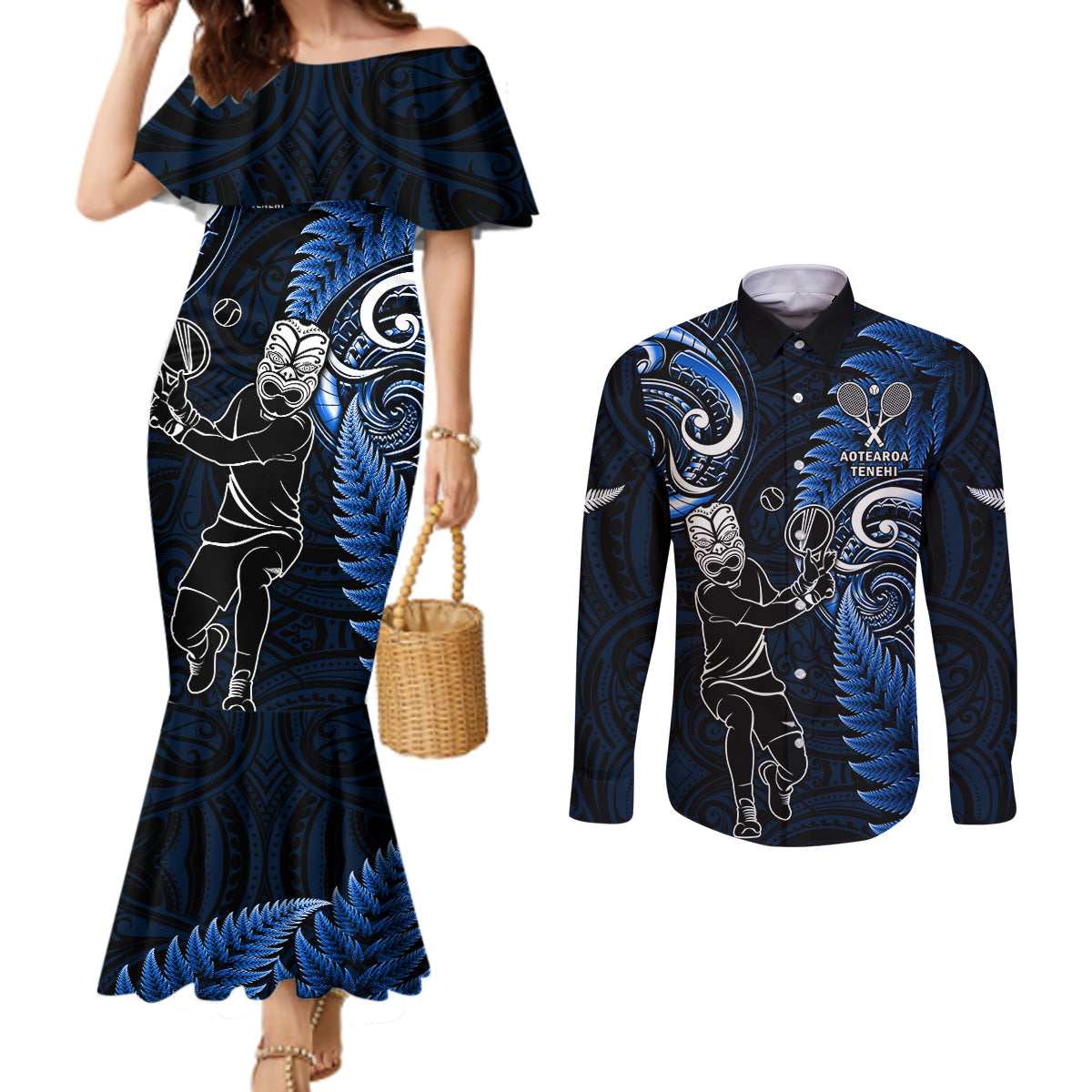 Custom New Zealand Tiki Tennis Couples Matching Mermaid Dress and Long Sleeve Button Shirt 2024 Aotearoa Tenehi Maori Silver Fern - Blue LT14 Blue - Polynesian Pride