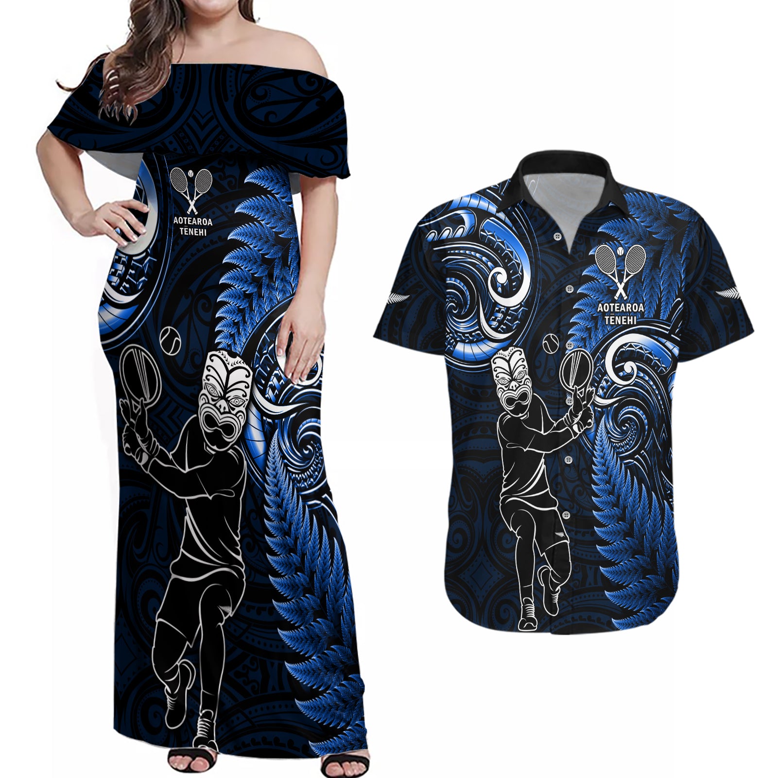 Custom New Zealand Tiki Tennis Couples Matching Off Shoulder Maxi Dress and Hawaiian Shirt 2024 Aotearoa Tenehi Maori Silver Fern - Blue LT14 Blue - Polynesian Pride