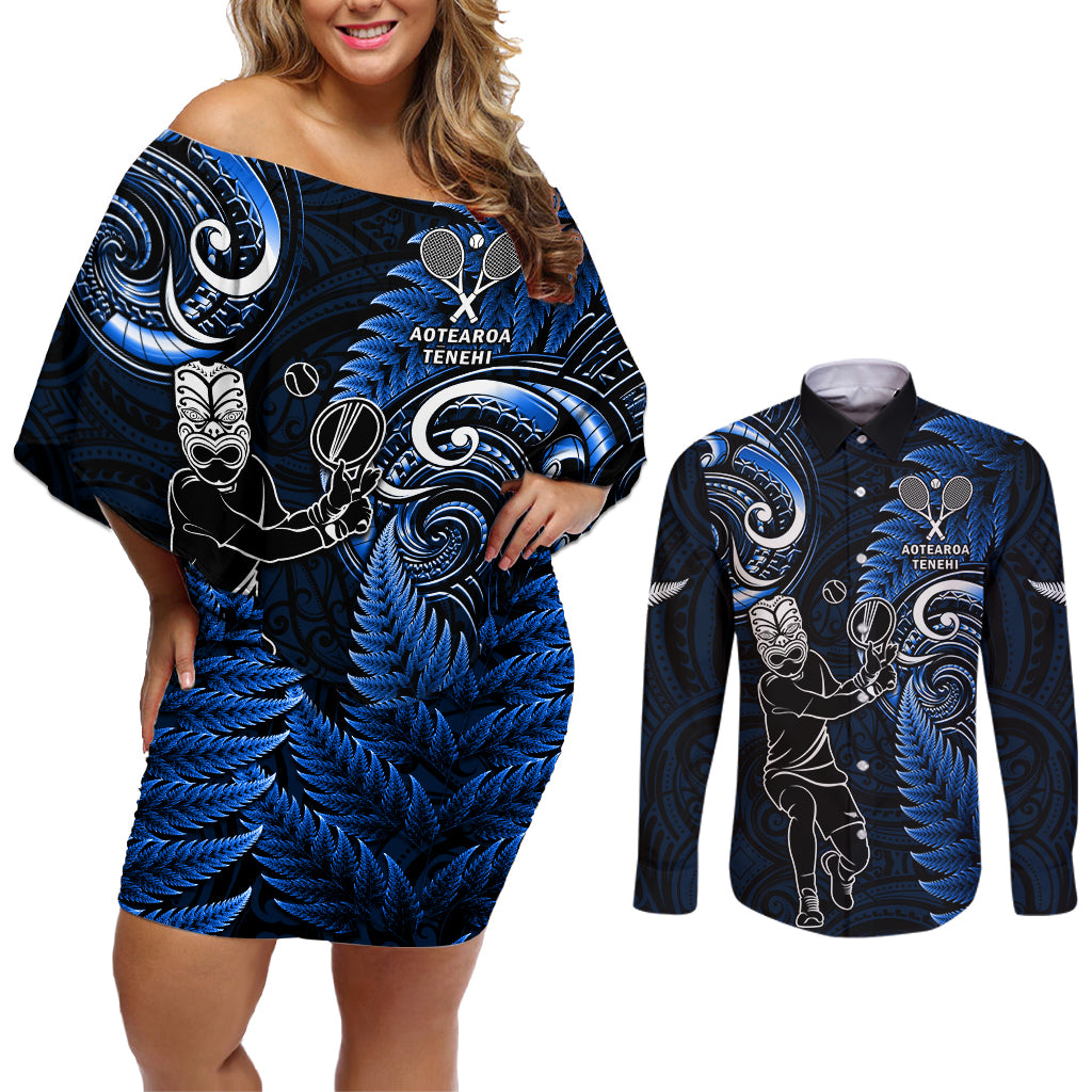 Custom New Zealand Tiki Tennis Couples Matching Off Shoulder Short Dress and Long Sleeve Button Shirt 2024 Aotearoa Tenehi Maori Silver Fern - Blue LT14 Blue - Polynesian Pride