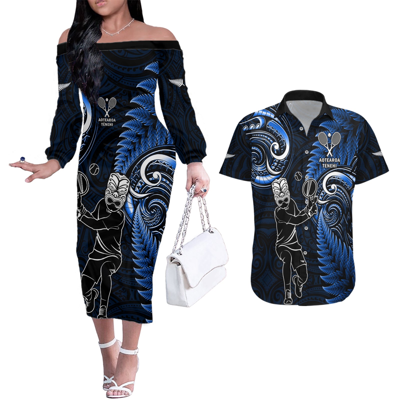 Custom New Zealand Tiki Tennis Couples Matching Off The Shoulder Long Sleeve Dress and Hawaiian Shirt 2024 Aotearoa Tenehi Maori Silver Fern - Blue LT14 Blue - Polynesian Pride