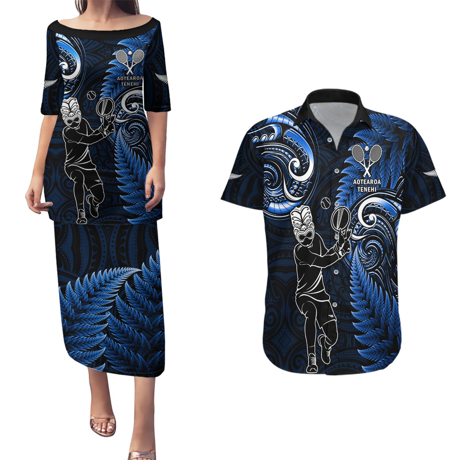 Custom New Zealand Tiki Tennis Couples Matching Puletasi and Hawaiian Shirt 2024 Aotearoa Tenehi Maori Silver Fern - Blue LT14 Blue - Polynesian Pride