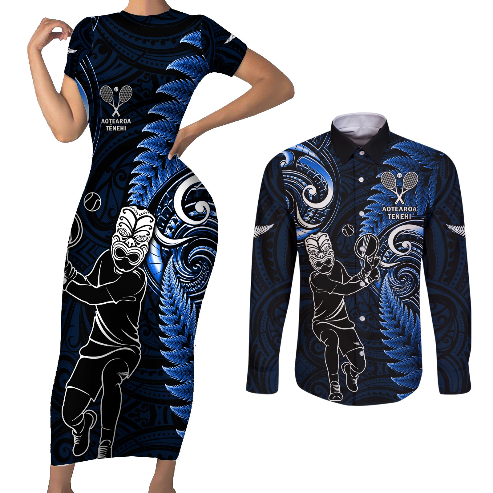 Custom New Zealand Tiki Tennis Couples Matching Short Sleeve Bodycon Dress and Long Sleeve Button Shirt 2024 Aotearoa Tenehi Maori Silver Fern - Blue LT14 Blue - Polynesian Pride