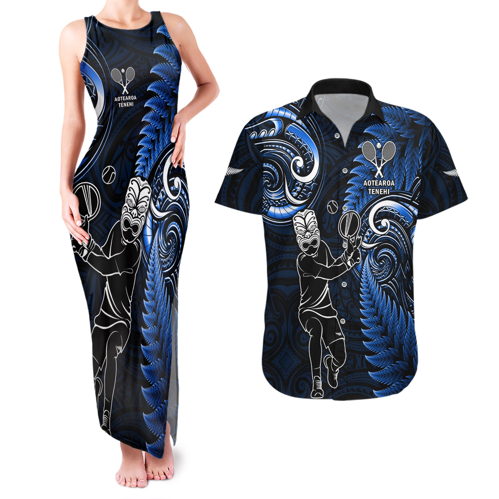 Custom New Zealand Tiki Tennis Couples Matching Tank Maxi Dress and Hawaiian Shirt 2024 Aotearoa Tenehi Maori Silver Fern - Blue LT14 Blue - Polynesian Pride