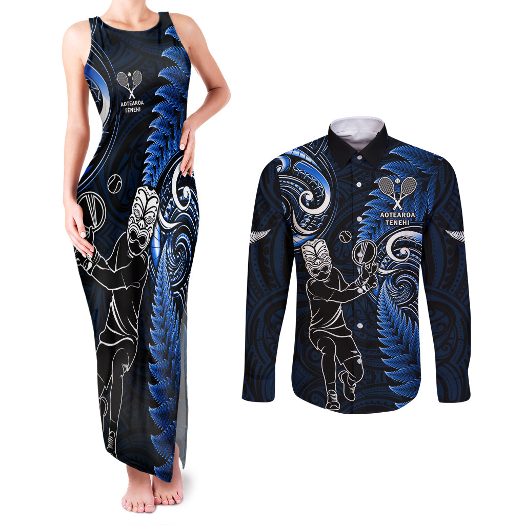 Custom New Zealand Tiki Tennis Couples Matching Tank Maxi Dress and Long Sleeve Button Shirt 2024 Aotearoa Tenehi Maori Silver Fern - Blue LT14 Blue - Polynesian Pride