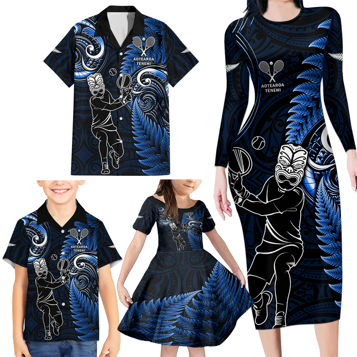 Custom New Zealand Tiki Tennis Family Matching Long Sleeve Bodycon Dress and Hawaiian Shirt 2024 Aotearoa Tenehi Maori Silver Fern - Blue LT14 - Polynesian Pride